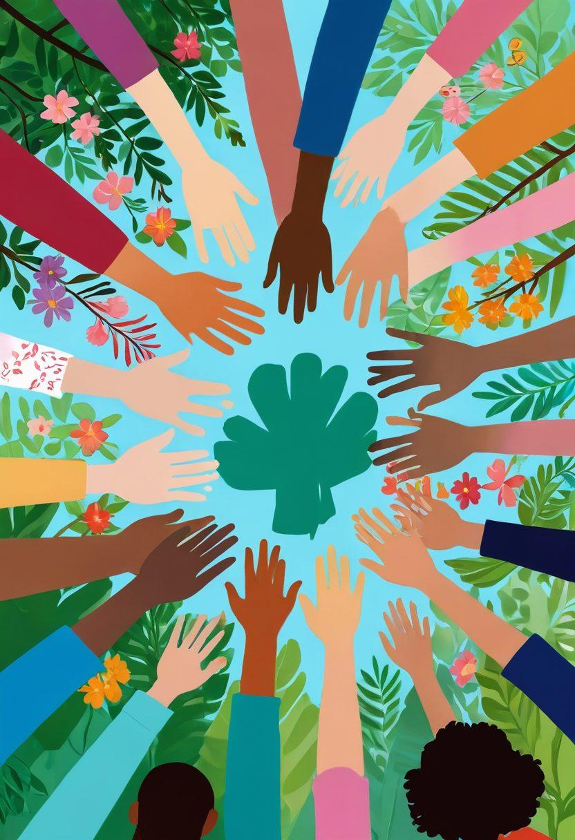 A heartwarming illustration of a diverse group of people coming together in a supportive circle, sharing stories and resources about cancer care, with hands reaching out for support. Include symbols of hope like ribbons and flowers in a serene park setting, displaying unity through diversity. Use soft, warm colors to evoke a sense of compassion and encouragement. painting. vibrant colors.