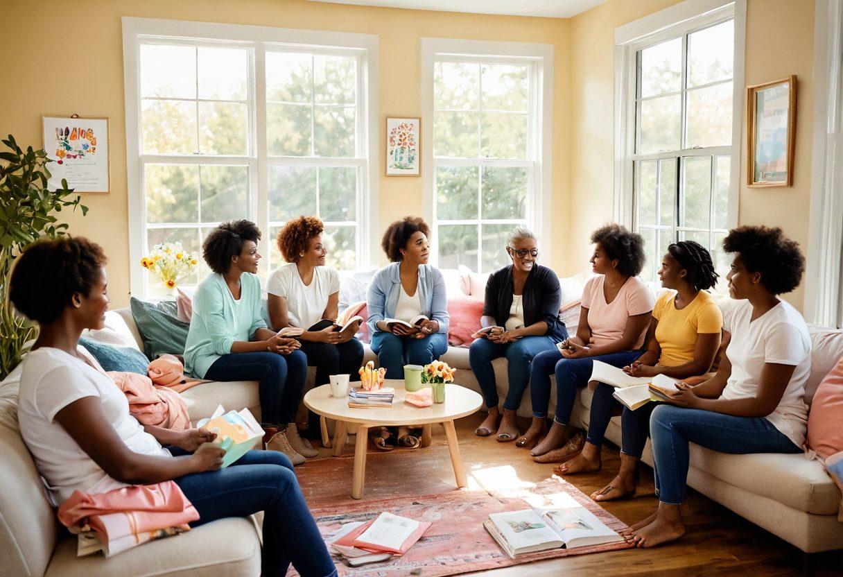 A warm and inviting scene featuring a diverse group of individuals sharing stories and support in a cozy, sunlit community space. Include elements representing hope, such as colorful ribbons and blooming flowers, alongside resources like wellness books and nutritious foods. The atmosphere should convey empowerment and resilience. soft pastel colors. inviting style. natural light.