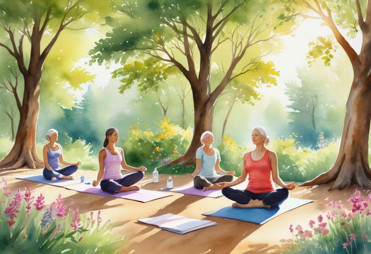 A serene landscape featuring a diverse group of cancer patients and survivors practicing yoga in nature, surrounded by soft sunlight filtering through trees, symbolizing hope and healing. Include elements like soothing herbal tea, mindfulness journals, and vibrant flowers nearby to represent holistic wellness. The atmosphere should be calm and uplifting, evoking a sense of empowerment. watercolor style. vibrant colors. soft focus.